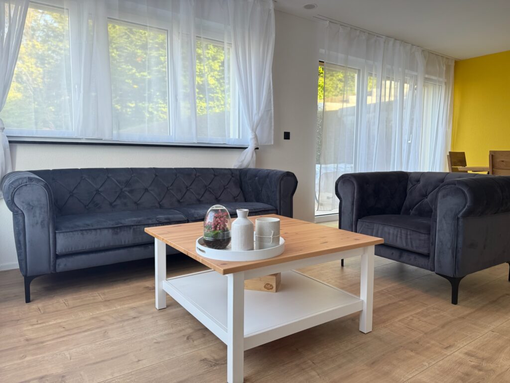Ferienwohnung Luzern: Wohnzimmer mit Blick auf Terrasse und Garten